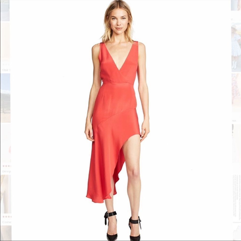 Asymmetrical V-Neck Coral Dress - Women